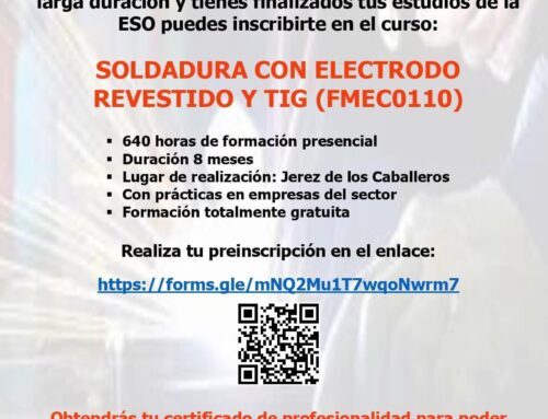 Información sobre curso de ‘Soldadura con Electrodo Revestido y TIG’ en Jerez de los Caballeros