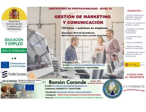 Información del certificado de profesionalidad nivel III de Gestión de Marketing y Comunicación del IES Ramón Carande